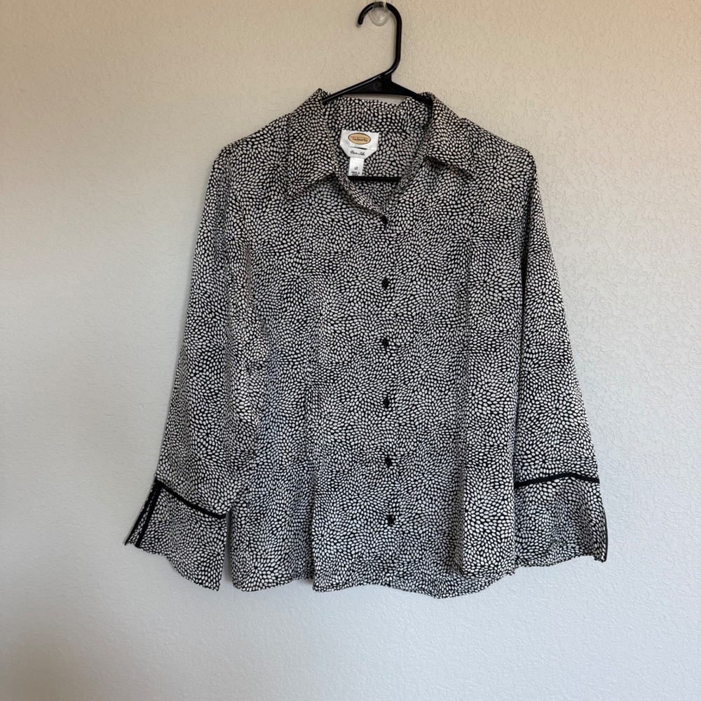 Talbots Vintage Pure Silk Blouse Black White Print Formal Career Office Feminine